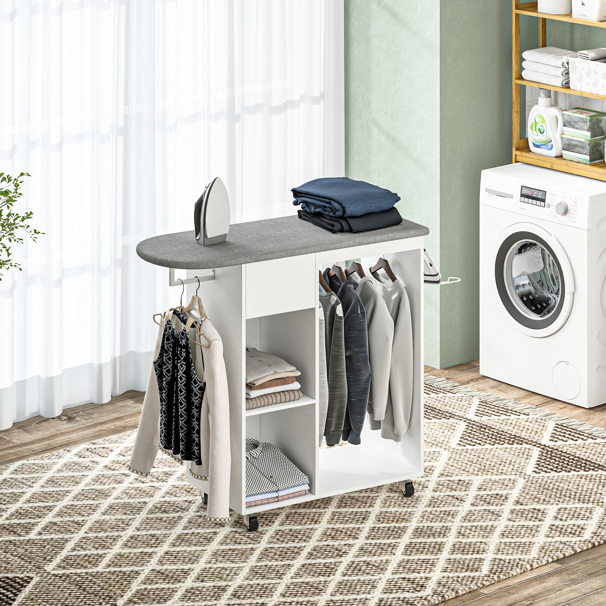 Homcom Mobile Asse da Stiro con Ruote e Porta Ferro, Barra per Abiti, Cassetto e Ripiani, 125x43.5x112cm, Bianco