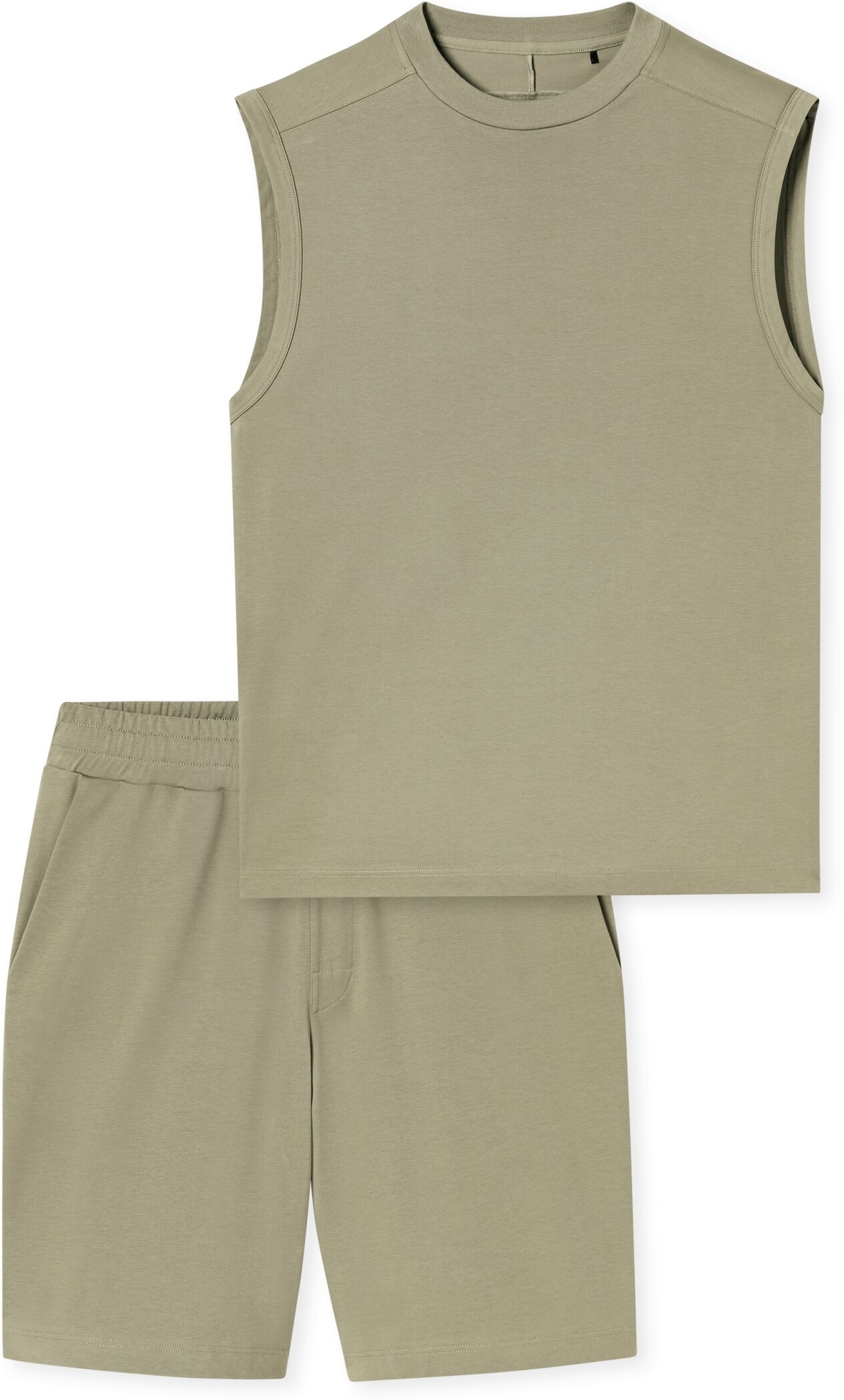 Shorty SCHIESSER "Modern Nightwear", Herren, Gr. 50, beige (713, grün), Single Jersey, Obermaterial: 73% Baumwolle, 27% Polyester, bequem kurz, Rundhals, Homewear-Sets Shorty, mit Rundhalsausschnitt und ärmellos, leichter Oversize-Fit 713, grün 50