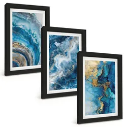 BILDER SET 3er Set - 20x30 cm Schwarzer Rahmen - Blaue abstrakte Muster