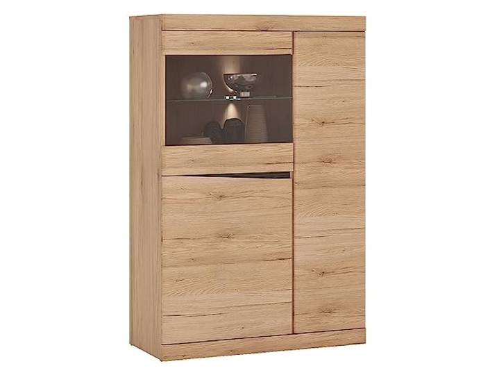 Lomadox Highboard Vitrine Vitrinenschrank 86x131x40 cm (BxHxT) LED Beleuchtung Glasboden Tür Glaseinsatz in Eiche Nb. grifflos