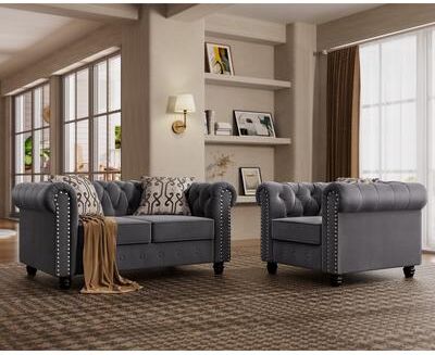 Morden Fort Classic Tufted Velvet Upholstered Chesterfield Club Chair Loveseat 2 Pieces with Nailhead for Living Room