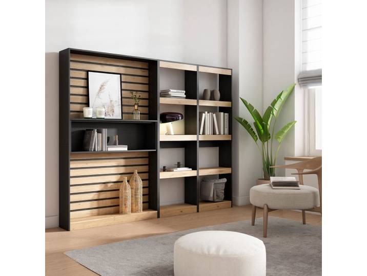 Bibliothèque effet bois chêne et noir 230x25x186cm