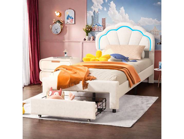 Cadre de lit capitonné Rosahqnda avec tête de lit en forme de fleur, cadre de lit, lit simple, lit pétale, lit ado pour garçons et filles