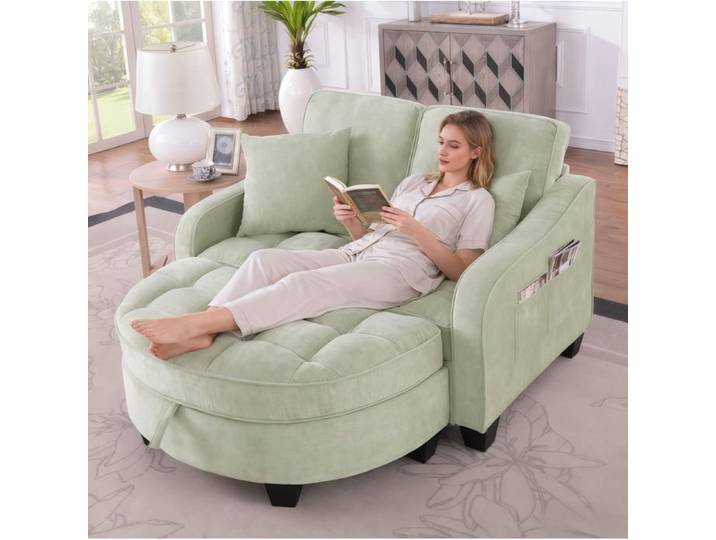 ROVRYN Canapé convertible 2 en 1 1 place avec pouf de rangement tissu chenille bois d'eucalyptus cyan