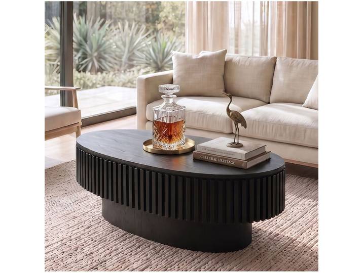 VUENOR Table basse ovale 98x60x35 cm noir mat – rangement caché et assemblage rapide en 5 min