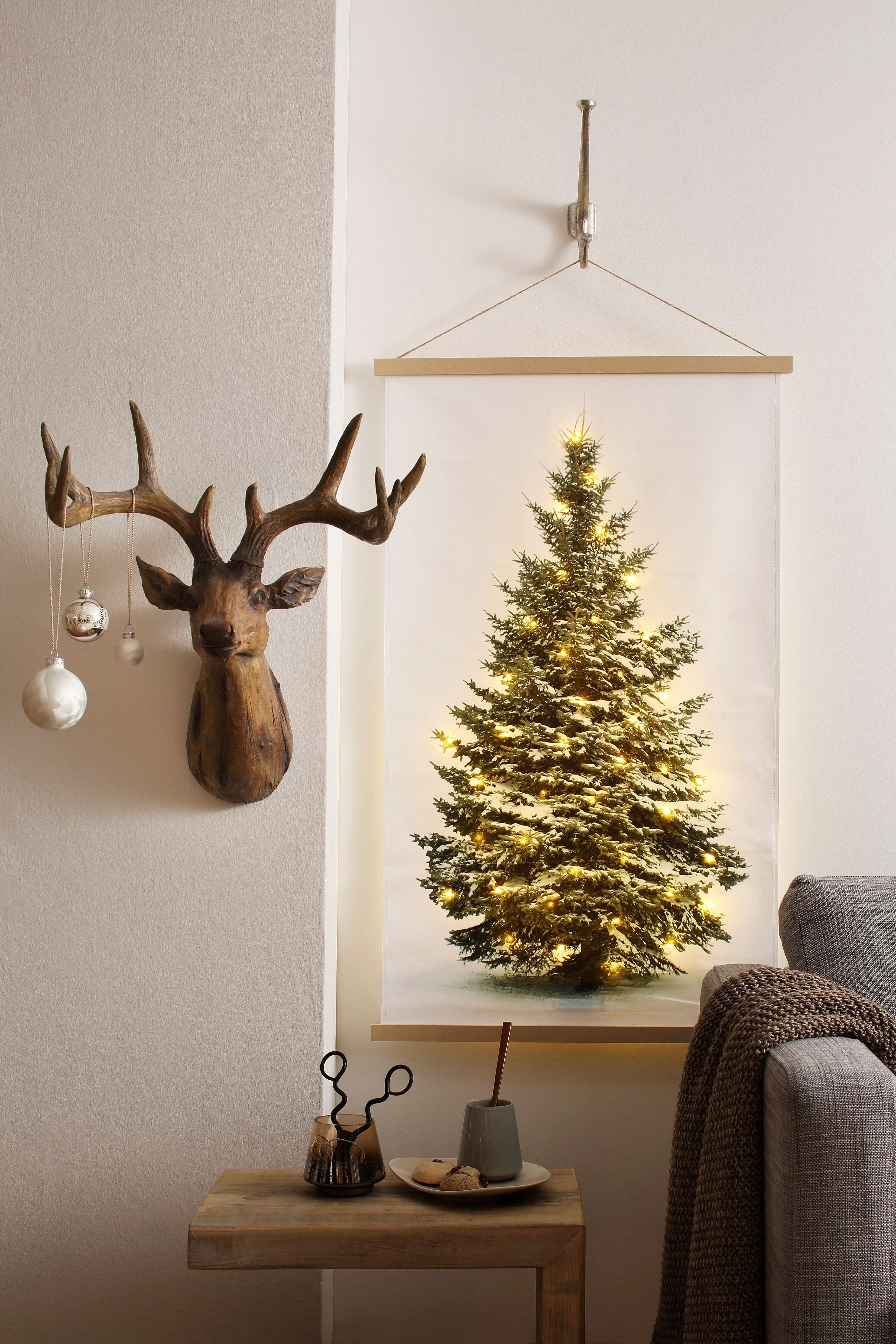 LED-Bild HOME AFFAIRE "Wandbehang, Weihnachtsdeko", beige (farbe bild(er): weiß, grün, natur), B:65cm H:107cm T:1cm, Holz, Kunststoff, Bilder, LED-Bild, Höhe ca. 107 cm farbe bild(er): weiß, grün, natur B/H/T: 65cm x 107cm x 1cm, Wandbild Weihnachten, 1 S