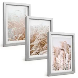 BILDER SET 3er Set - 20x30 cm Silberner Rahmen - Grasflächen in Braun- und Beigetönen