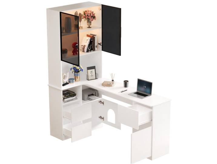 Modenvie Vitrine 120/80/180 cm aus MDF mit LED-Vitrine, Regal und Haustierfach Weiß, 120x180x80 cm, Esszimmer, Vitrinen, Vitrinenschränke
