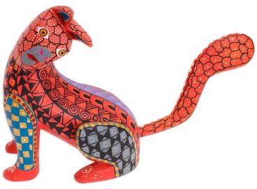 Novica Handmade Curious Cat In Red Wood Alebrije Figurine