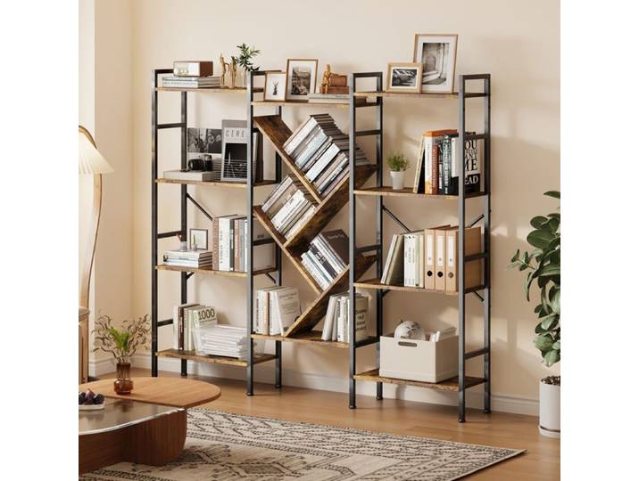 Garvee Bibliothèque industrielle 4 niveaux étagère large avec 14 compartiments ouverts en bois et métal robuste