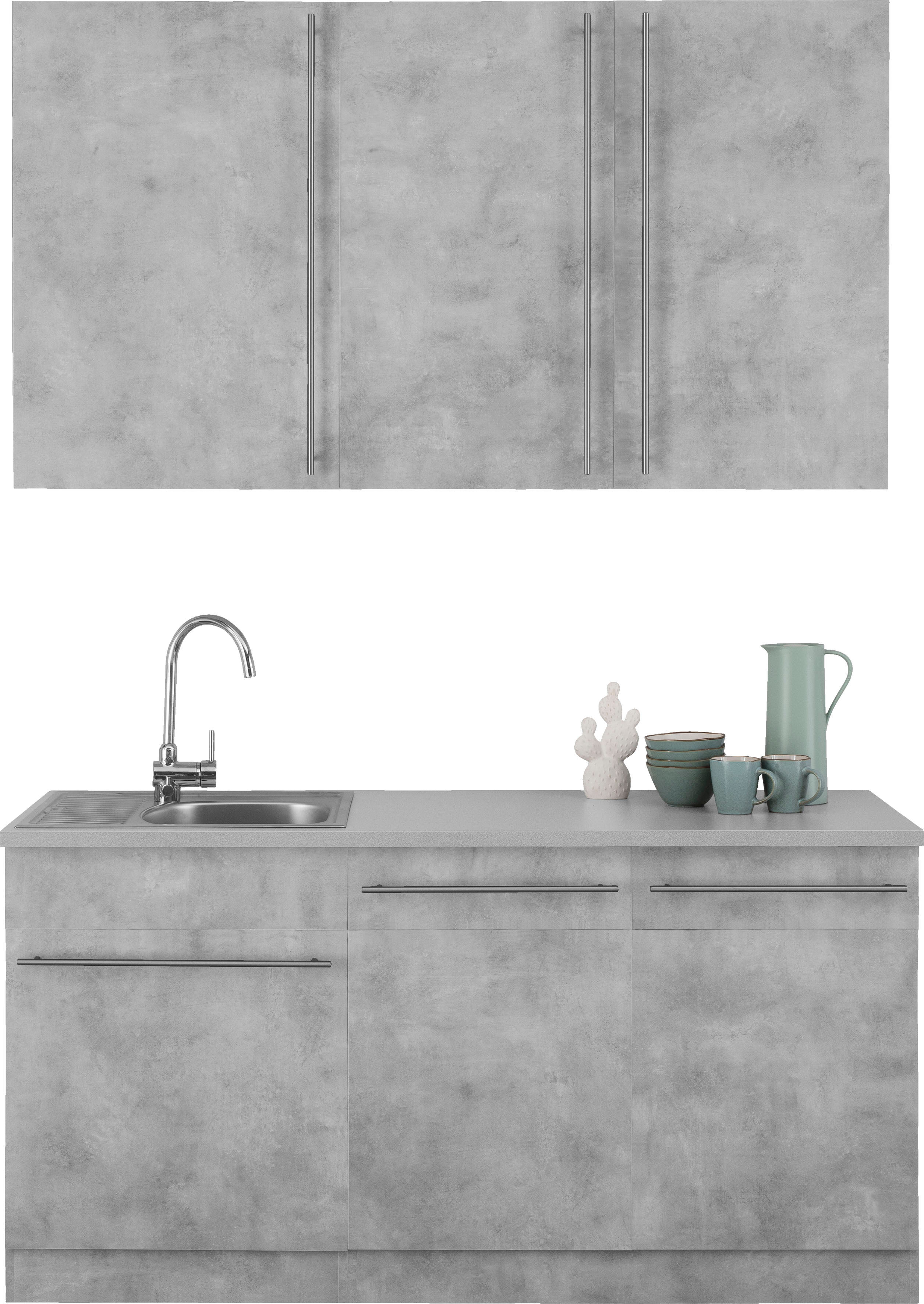 Pantryküche WIHO KÜCHEN "Chicago", grau (küche: grau, front: betonfarben, korpus: betonfarben, arbeitsplatte: canvas grau), B:160cm T:60cm, Komplettküchen-Sets, Pantryküche, ohne E-Geräte, Breite 160 cm küche: grau, front: betonfarben, korpus: betonfarben