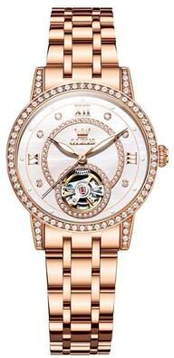 Everyday Crate OLEVS 7036 Womens Mechanical Watch Starry Sky Skeleton Dial Luminous Stainless Steel Dress Watch rose Gold White