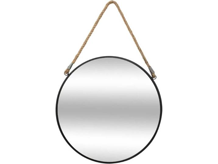 Atmosphera Spiegel/wandspiegel - rond - Dia 55 cm - metaal/glas - zwart - met jute ophangtouw
