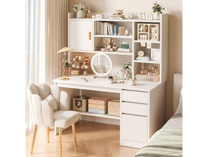 Commode simple pour chambre de fille, couleur crème, style INS, grande capacité de rangement, table de maquillage, étagère pour étudiants, bureau intégré