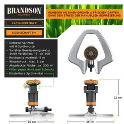 Brandson, Rasensprenger, 2x Vielflächenregner Garten Sprinkler, Flächenregner, 6 Sprühmuster, 200m2, Rasensprenger (Flächenregner)