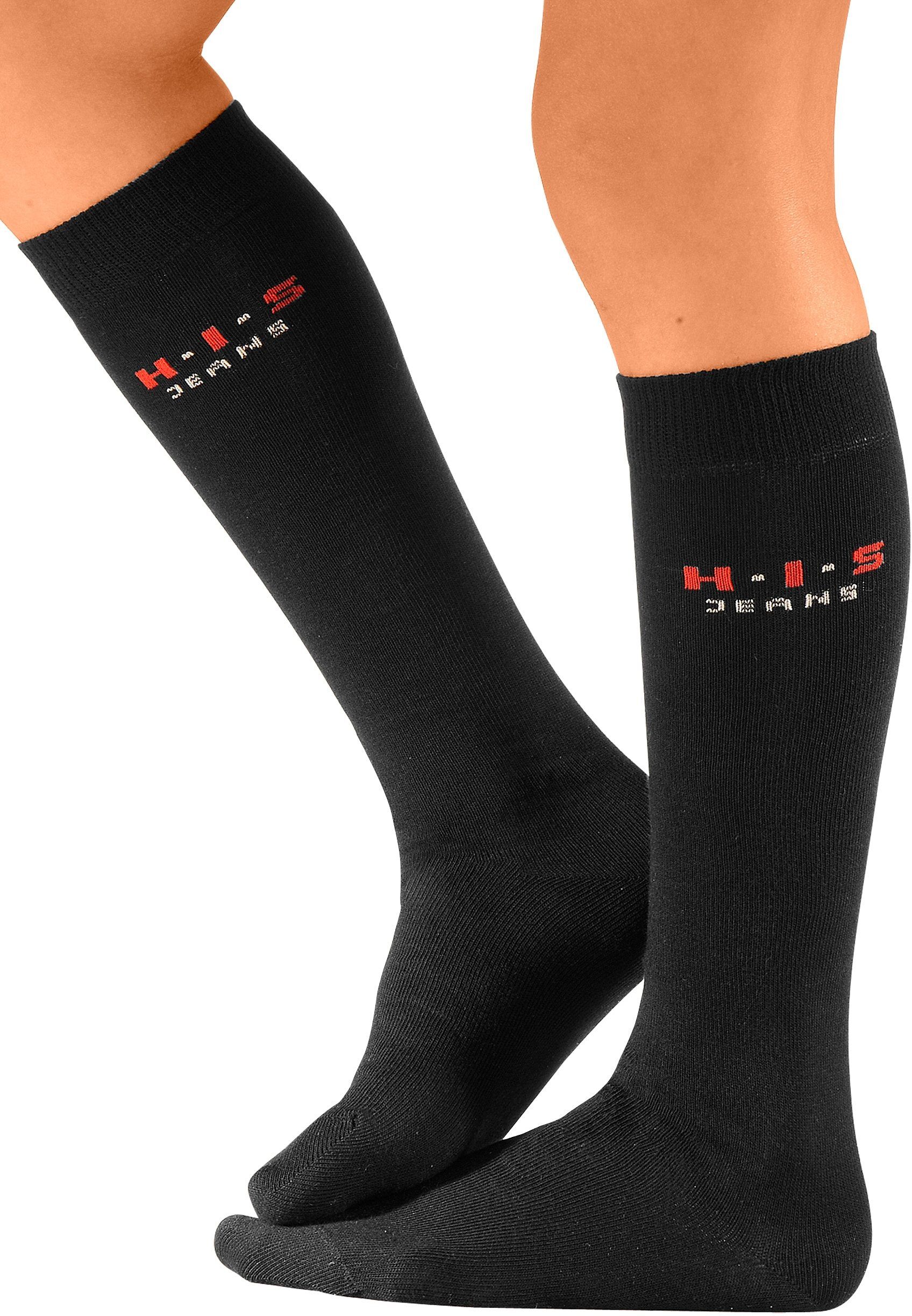 Kniestrümpfe H.I.S "Kinder Damen Herren Kniestrümpfe natürliche Baumwolle", Mädchen, Gr. 35-38, schwarz, Baumwolle, Elasthan (LYCRA), Polyamid, unifarben, elastisch, Socken Kniestrümpfe, mit verstärkten Belastungszonen schwarz 35-38