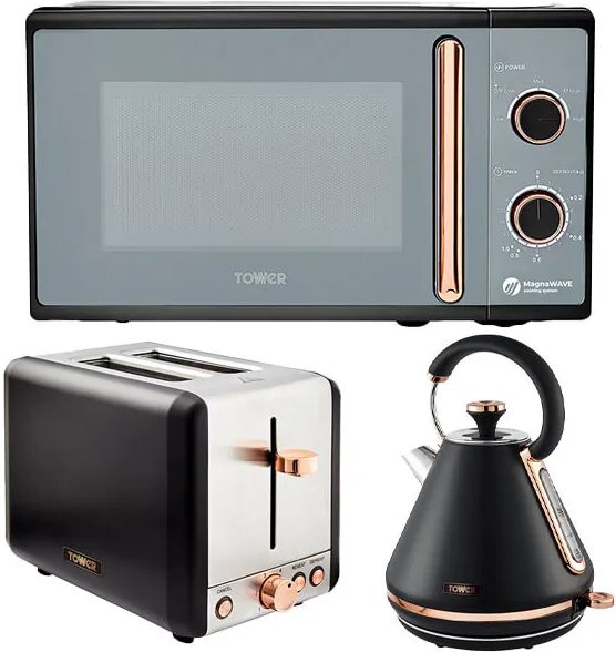 Tower Cavaletto Black 1.7L Pyramid Kettle, 2 Slice Toaster & 20L Microwave Set
