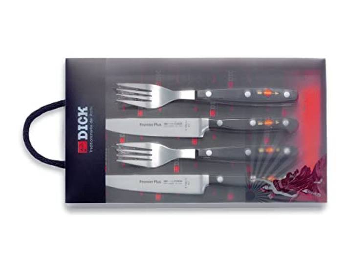 F. Dick Premier Plus Steakbesteck 4-teilig (2 Steakmesser + 2 Gabeln, ergonomischer Griff, Klinge aus X50CrMoV15, Besteck-Set) 81080000