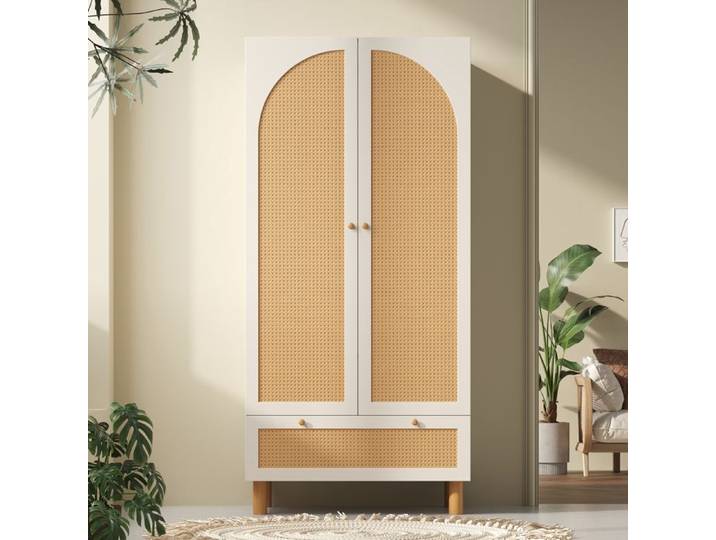 Armoire 2 portes avec tringle de penderie étagères réglables et grand tiroir - BEAUNIV - style campagne blanc 180 5×85 5×52 cm