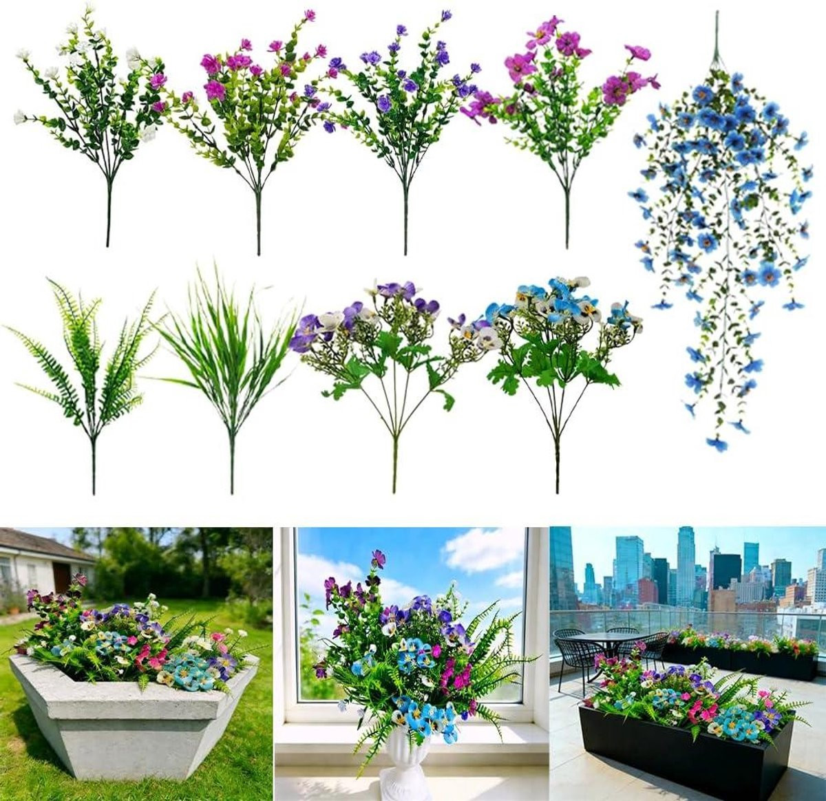 Set van 18 bundels kunstbloemen viooltjes in mix kleuren, UV-bestendig voor buiten decoratie