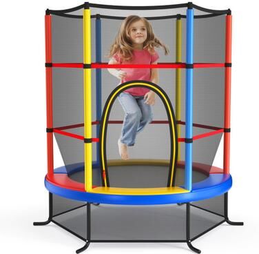 Costway 55 Inch Kids Recreational Trampoline Bouncing Jumping Mat with Enclosure Net-Yellow