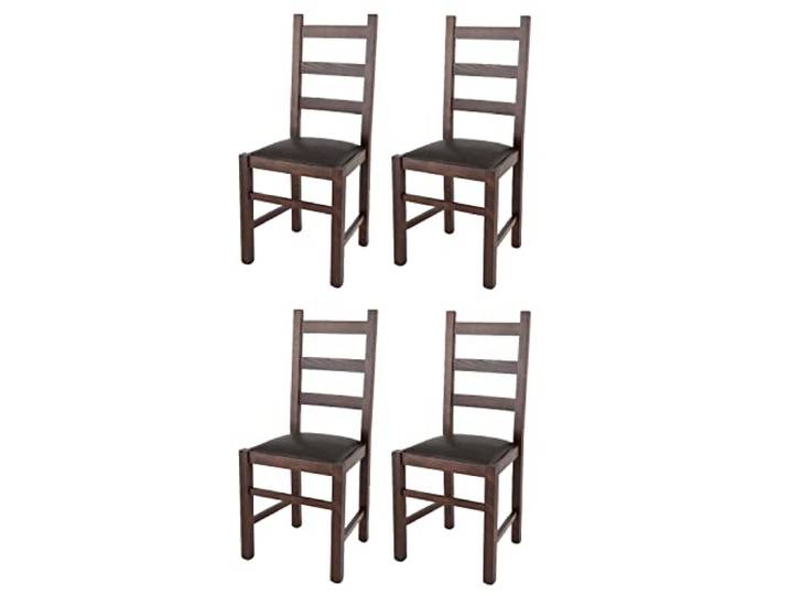 Tommychairs - 4er Set Stühle RUSTICA für Küche und Esszimmer, Robuste Struktur aus Buchenholz, in der Farbe Dunkles Nussbraun und gepolsterte Sitzfläche mit Kunstleder in der Farbe Braun bezogen