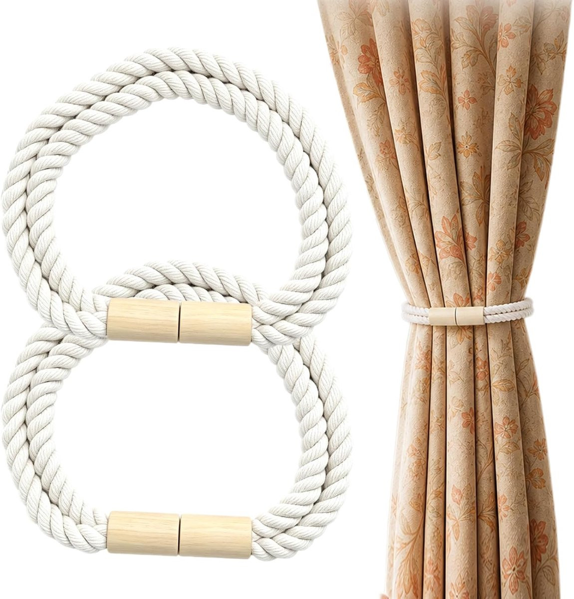 Set van 2 magnetische boho gordijnhouders van hout in beige