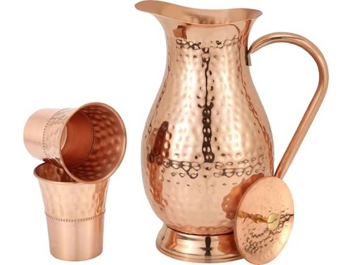 Ayurvedischer Kupferkrug Groß 1,984.5 g (2000ml) mit 2 stilvollen Bechern - Reines Kupfer Wasserkrug Set, Auslaufsicher, Langlebig, Gesundheitsunterstützend & Premium Qualität