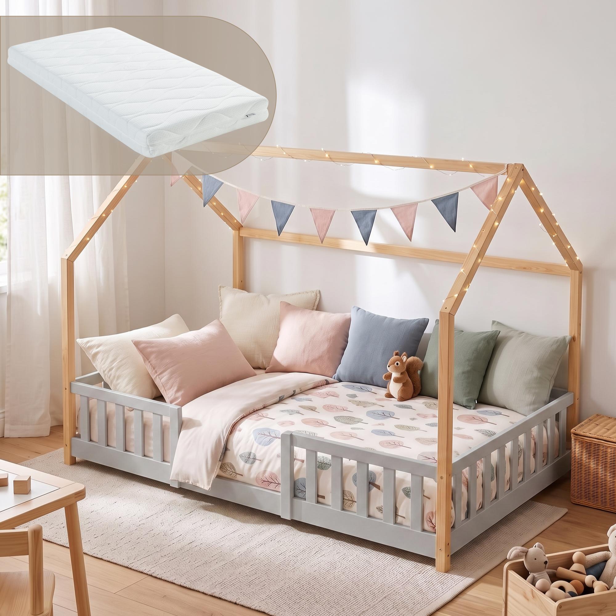 Kinderbett 'Sisimiut' Montessori in Haus-Optik mit Matratze und Rausfallschutz Kiefernholz 120x200 cm Hellgrau/Natur