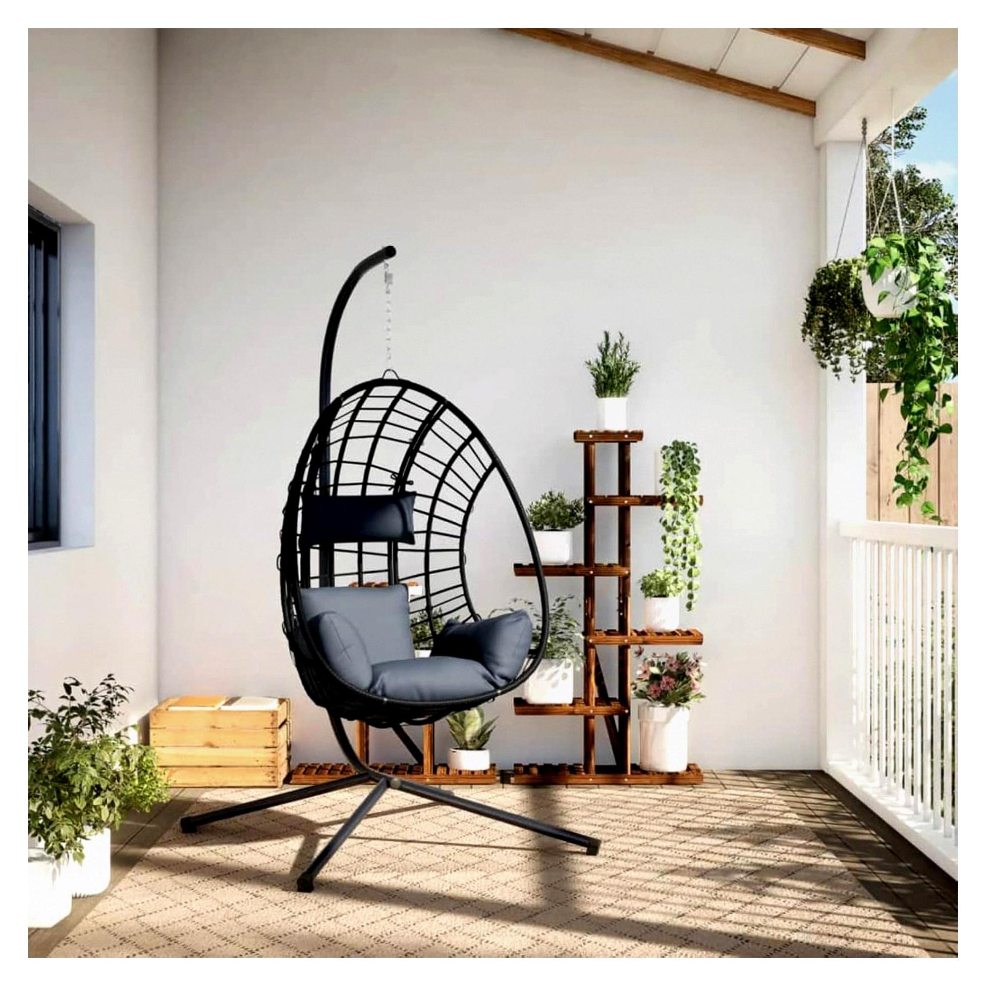 Hängesessel im Ei-Design mit Ständer in Anthrazit aus Rattan und Stahl, Hängestuhl für Wohnzimmer, Balkon und Outdoor