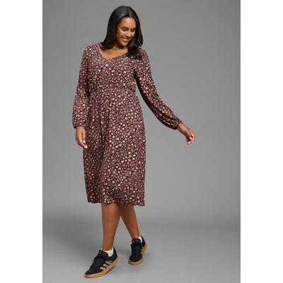 Midikleid LAURA SCOTT CURVE "Große Größen", Damen, Gr. 50, N-Gr, Langarm, Jersey, bunt (bordeaux, geblümt), Jersey, Obermaterial: 95% Viskose, 5% Elasthan, geblümt, figurumspielend wadenlang, V-Ausschnitt, Puffärmel mit Gummizug, Kleider Midikleid,...