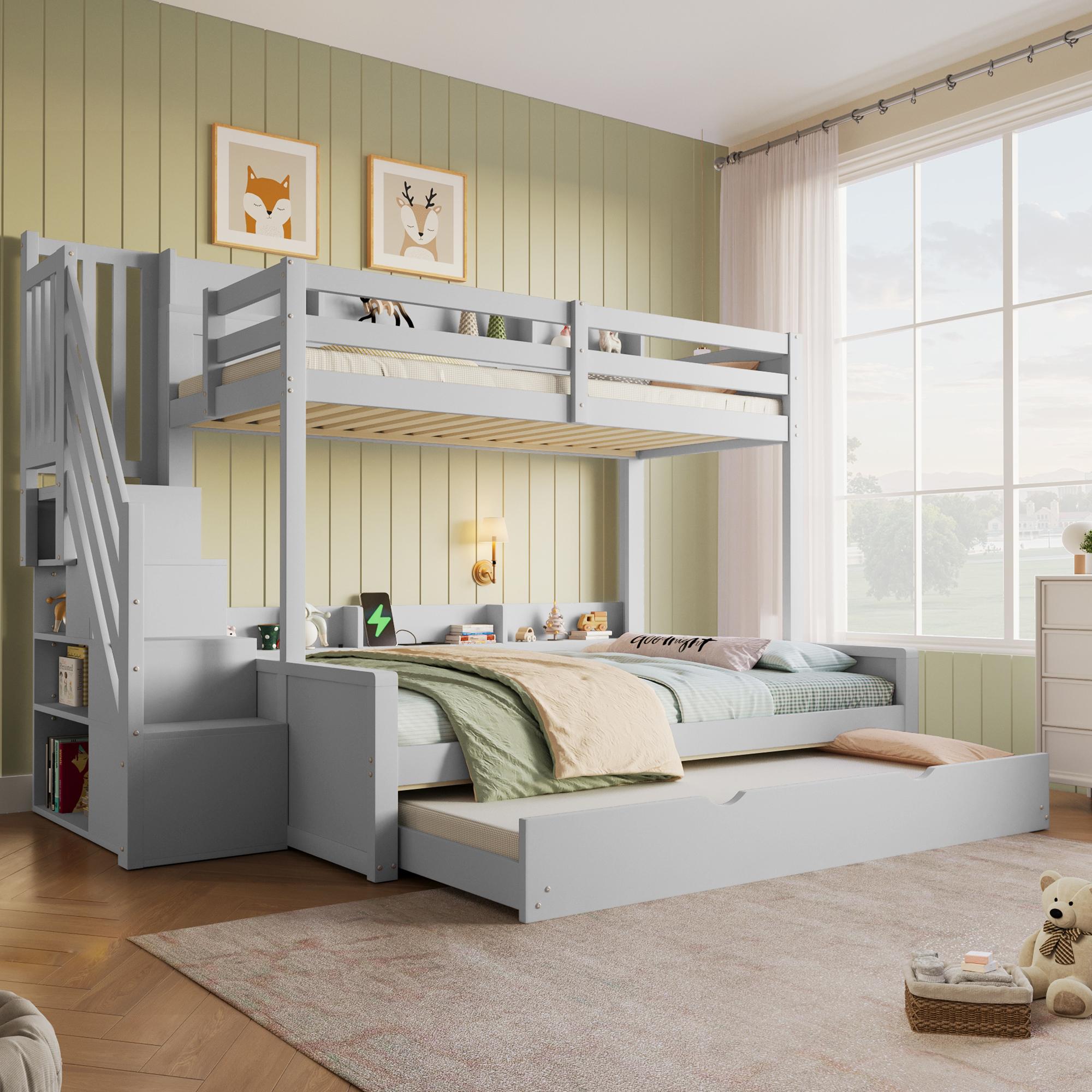 MODFU Etagenbett 90/140x200 Jugendbett mit Ausziehbett 90x190 cm, Massivholzbett Doppelbett mit Stauraum und USB-Anschluss,Hochbett mit zwei Matratze 140/90x200cm,Grau