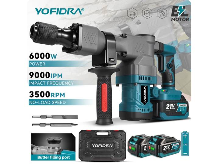 Marteau électrique sans balais YOFIDRA 6000W, 3500 tr/min, outil de démolition, de perçage et de cisaillage robuste, compatible avec la batterie Makita 21V