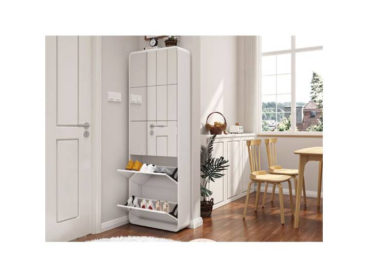 Meuble à chaussures miroir 5 tiroirs rabattables blanc design arqué sur pied en MDF et bois massif ORVRYN