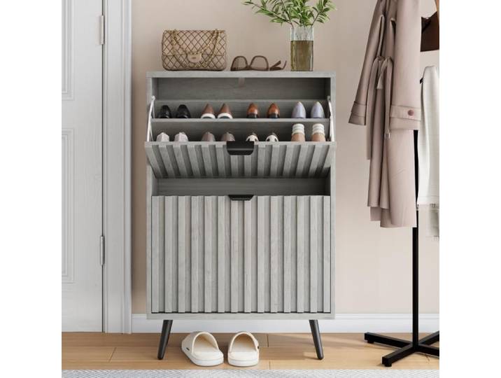 ELVORIN meuble a chaussures a rabat 60 cm gris portes rainurees MDF et metal entree et couloir