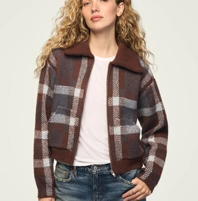 Lucky Brand Plaid Bomber Sweater - Women's Clothing Outerwear Bomber Jackets in Dark Black, Size L