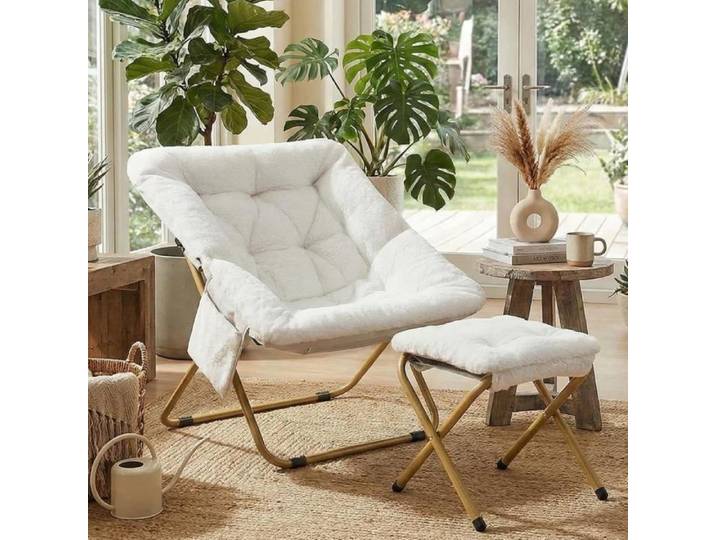 Fauteuil inclinable avec repose-pieds fauteuil relax pliable en peluche fauteuil à oreilles fauteuil TV-(Blanc)