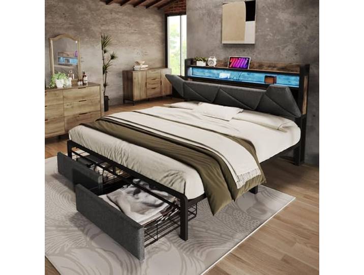 Merax Polsterbett Metallbett 140x200cm mit Schubladen, LED-Beleuchtung, USB & Stauraum Kopfteil, Doppelbett Bettgestell mit Lattenrost aus Metallrahmen, Stauraumbetten, Jugendbett, ohne Matratze, Grau