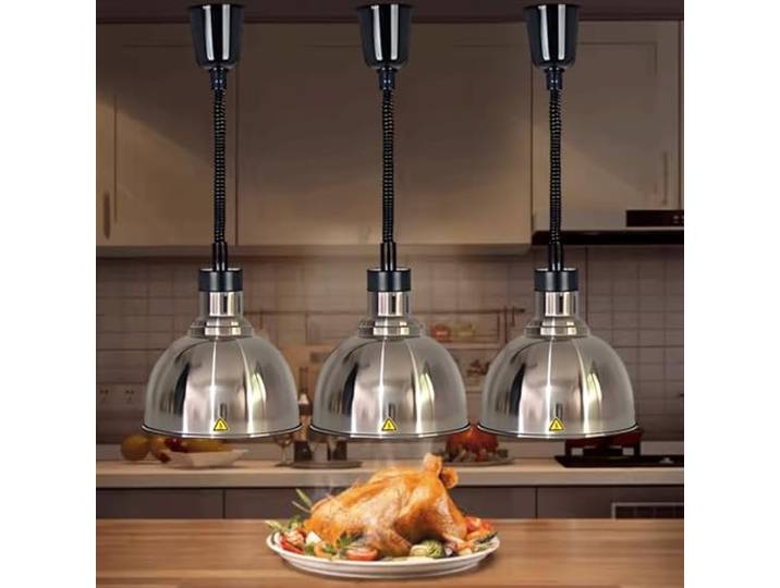 Aocay Wärmelampe Küche Gastro(Edelstahl-25cm, 3 Stück) Hängende Speisenwärmer Lampe Einstellbare Höhe, 250W Lebensmittel Wärmelampe Buffet 19cm/25cm