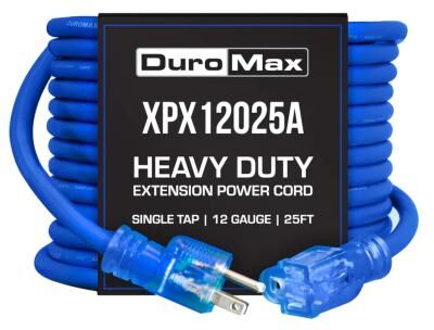 DuroMax Indoor And Outdoor Blue Lighted Power Extension Cord 12 Gauge-Single Tap-25 foot