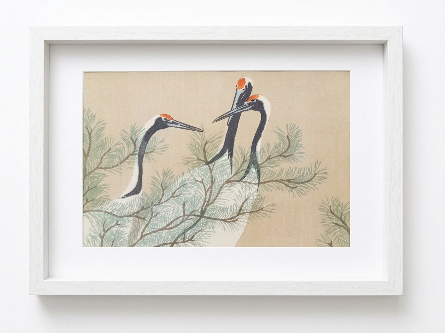 Witte Ingelijste Wanddecoratie met Twee Elegante Vogels – Oosterse Botanische Kunstprint B: 31 cm, H: 21 cm