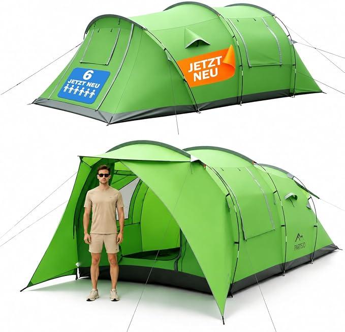 Zelt 6-7 Personen, 4000 mm Wassersäule & eingenähte Bodenwanne, Stehhöhe, Eingang mit Fliegengitter, Sonnendach & Privatsphäre-Trennvorhang, XXL Familienzelt Tunnelzelt für Camping Reisen Festival