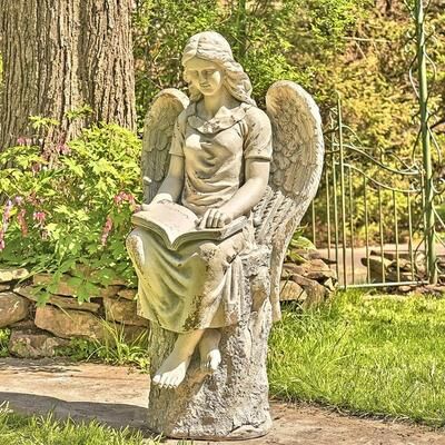 Zaer Ltd "46""T Sitting Magnesium Angel Statue Reading Book"