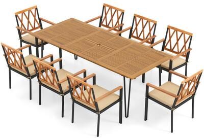 Costway Acacia Wood Outdoor Furniture Set 9 Pieces Patio Dining Set with 8 Chairs