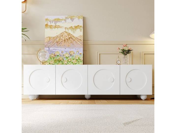 Meuble TV - KOMHTOM - 180 5x38x50 cm - Façades 3D relief rond - Blanc - Moderne minimaliste