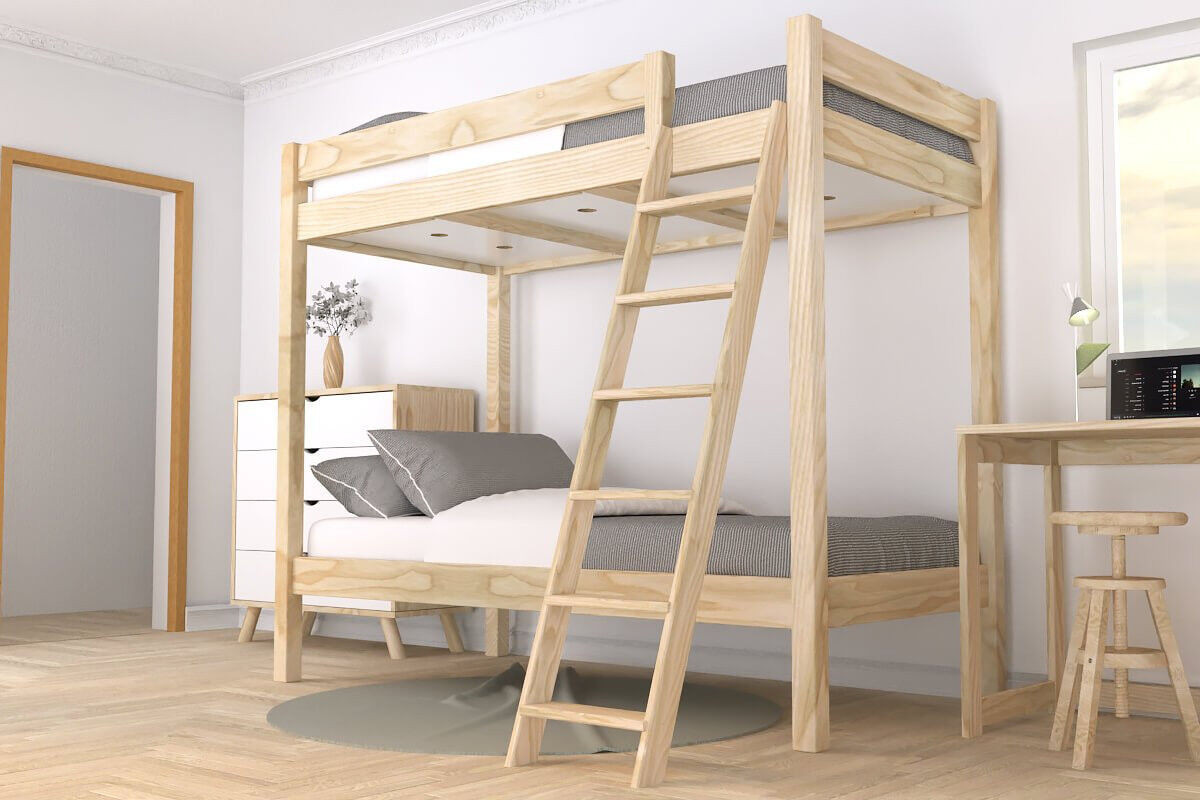 ABC MEUBLES Etagenbett 2 Plätze 90x190 geneigte Skala Holz ABC - Roh (ohne Lack)