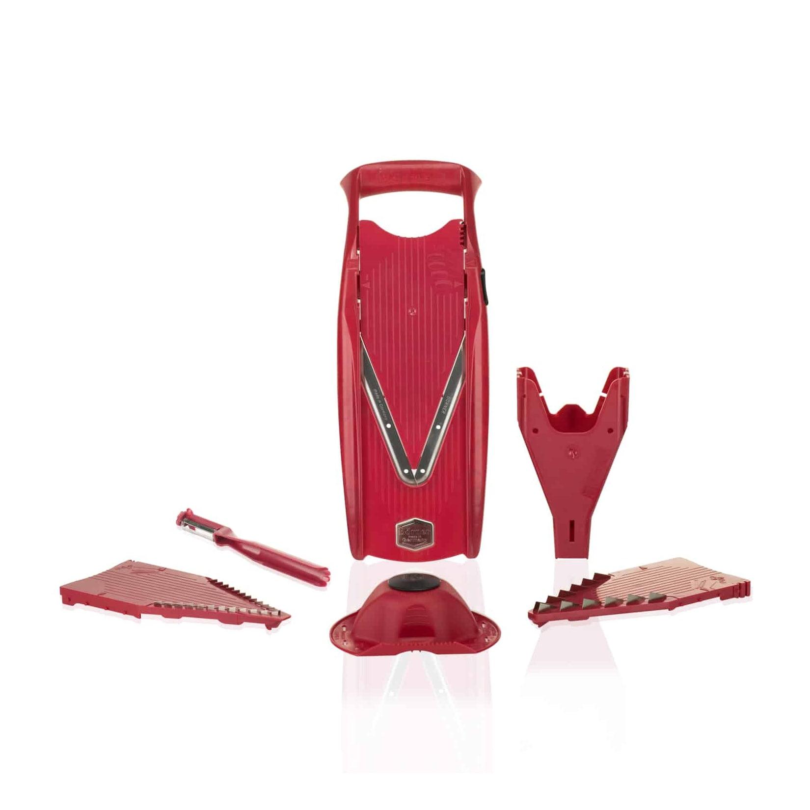Börner V5 PowerLine Plus Set Gemüsehobel, Obst- & Gemüseschneider mit Fruchthalter, Scheibeneinschub, Sparschäler, 10 Schnittarten, 6 tlg. Set, Rot