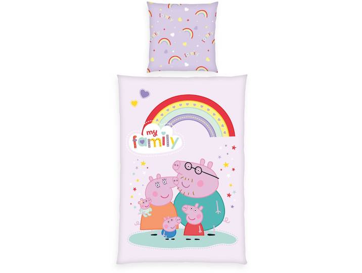 Wendebettwäsche PEPPA PIG Peppa Pig , bunt, B/L: 135cm x 200cm, 1 Stk., 1 Stk., Renforcé, B/L: 80cm x 80cm, 2 Stk., Renforcé, Obermaterial: 100% Baumwolle, Bettwäsche, Wendebettwäsche, mit fröhlichem Design