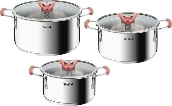 Tefal 3-delige RVS pannenset met deksel en antisliphandgrepen, zilver, stapelbaar