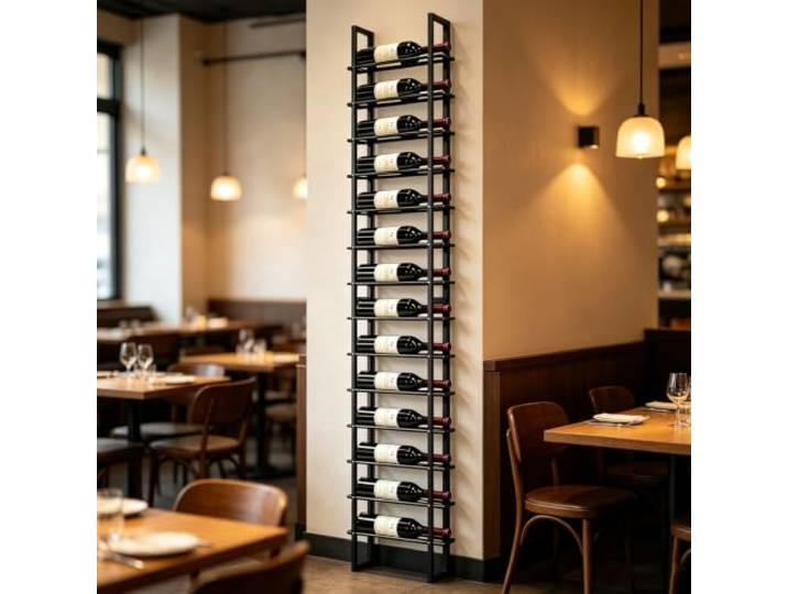 Schwarz Freistehendes Metall‑Weinregal für 16 Weinflaschen Freistehendes Metall‑Weinregal, hohe Flaschenkapazität, stabiles Gestell, industrieller Stil für Bar, Restaurant Wohnzimmer